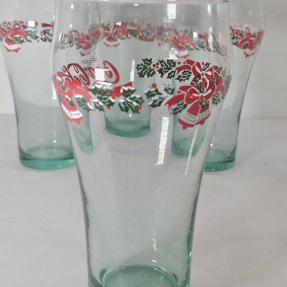 Vintage 1997 Coca Cola Christmas Holly Bells, Green Fountain Glass Set/4 - Picture 5 of 8